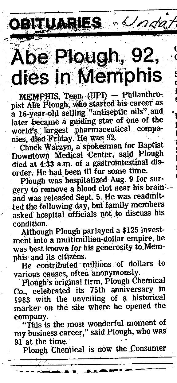 Obituaries – Maybelline Founder Tom Lyle Williams 1896 – 1976 and Plough Inc. Founder, Abe Plough 1892 -1984.