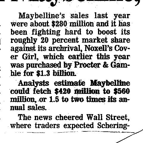Wasserstein Perella paid 0 Million for Maybelline in 1990, replacing Linda Carter with Christy Turlington and adding the tag line, Maybe She’s Born with it, Maybe it’s Maybelline