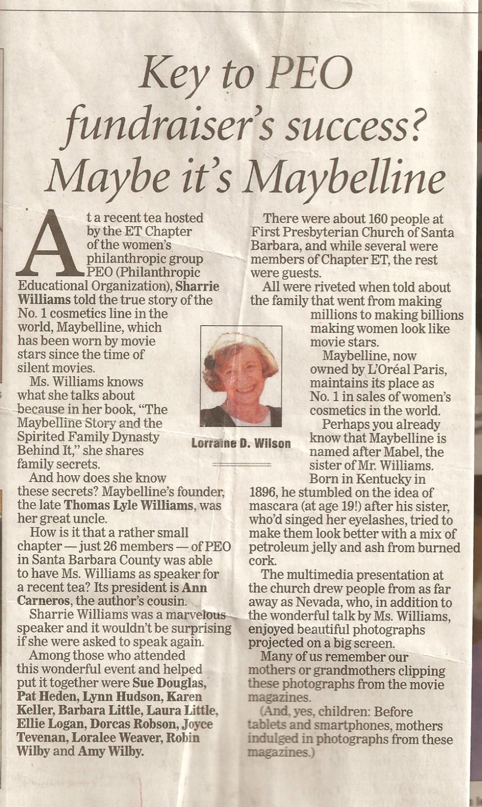 Santa Barbara News Press Article, Featuring my 100 Years of Maybelline Presentation for PEO