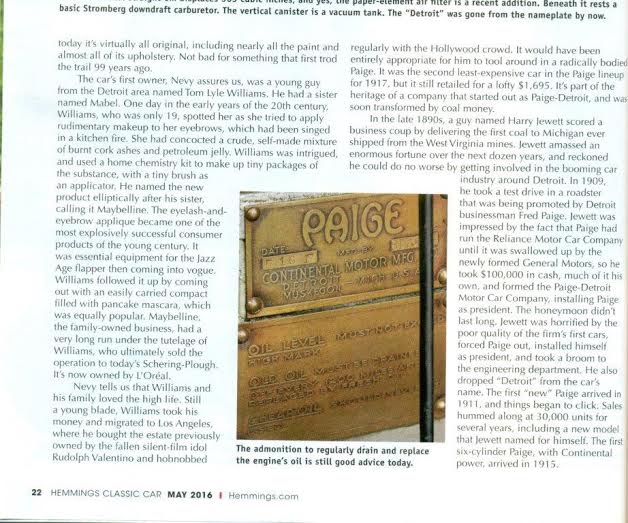 Maybelline “1917 Paige” featured in Hemmings Classic Car Magazine May 2016