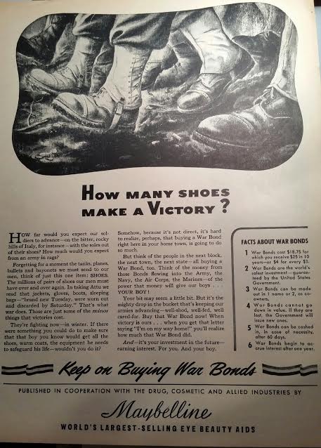Maybelline’s advertising strategy featured Romance while focusing on selling War Bonds during WWll